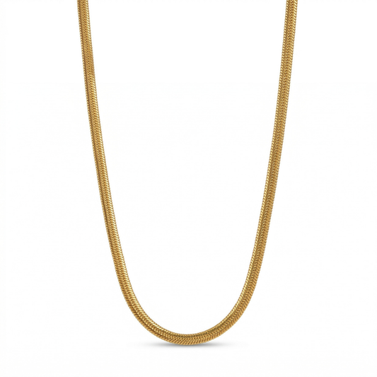A gold snake chain necklace shown in a U-shape against a plain white background.