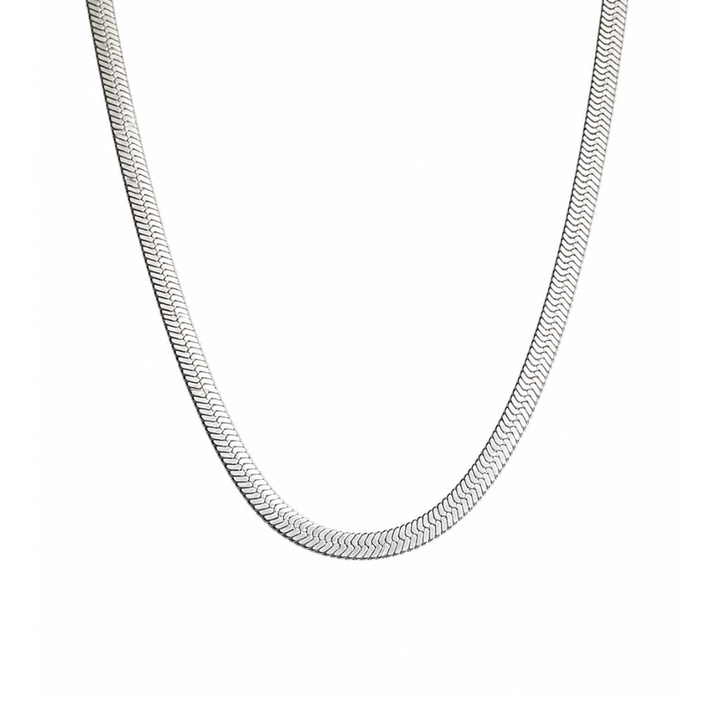 A silver-toned snake chain necklace shown against a plain white background.