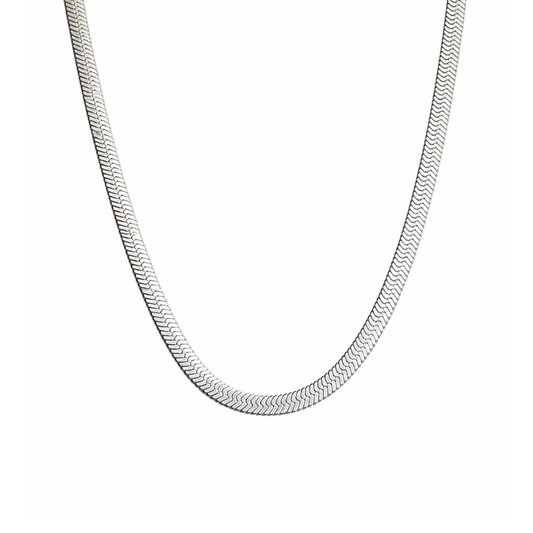 A silver-toned snake chain necklace shown against a plain white background.