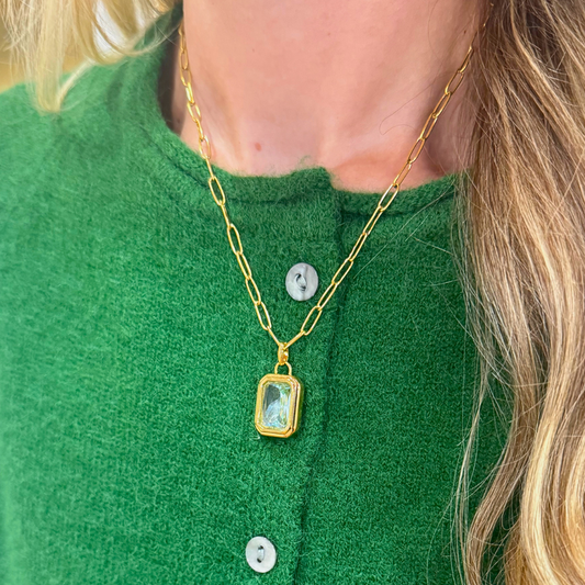 Gold Paperclip Chain with Cyan Colored Stone Necklace