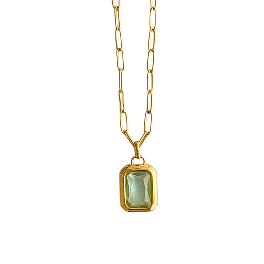 Gold Paperclip Chain with Cyan Colored Stone Necklace