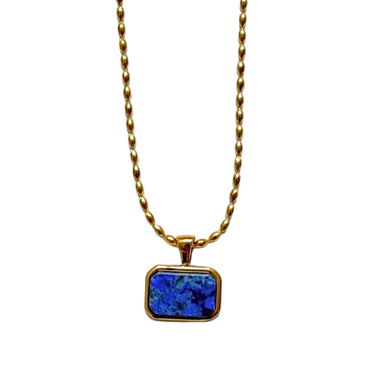Gold Rice Chain with Natural Blue Lapis Lazuli Pendant Necklace