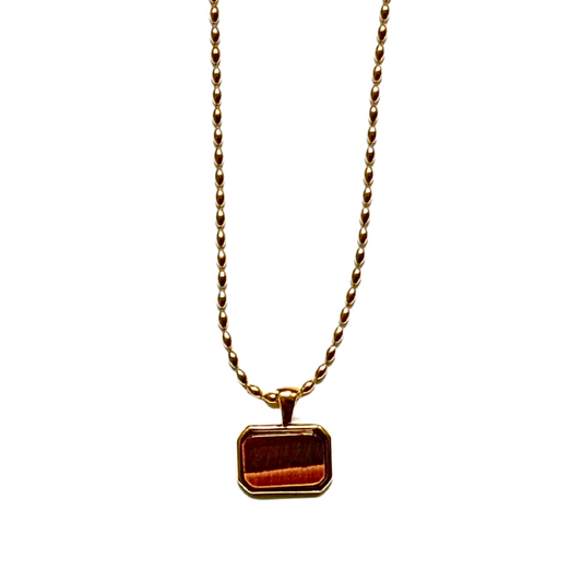 Gold Rice Chain with Natural Tiger's Eye Quartz Pendant Necklace
