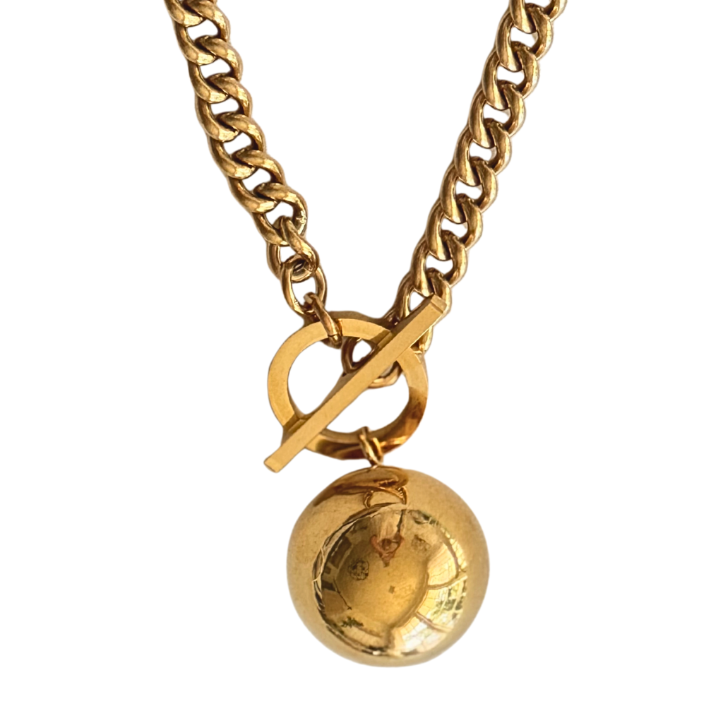 Gold Toggle Clasp Curblink Chain with Gold Ball Necklace