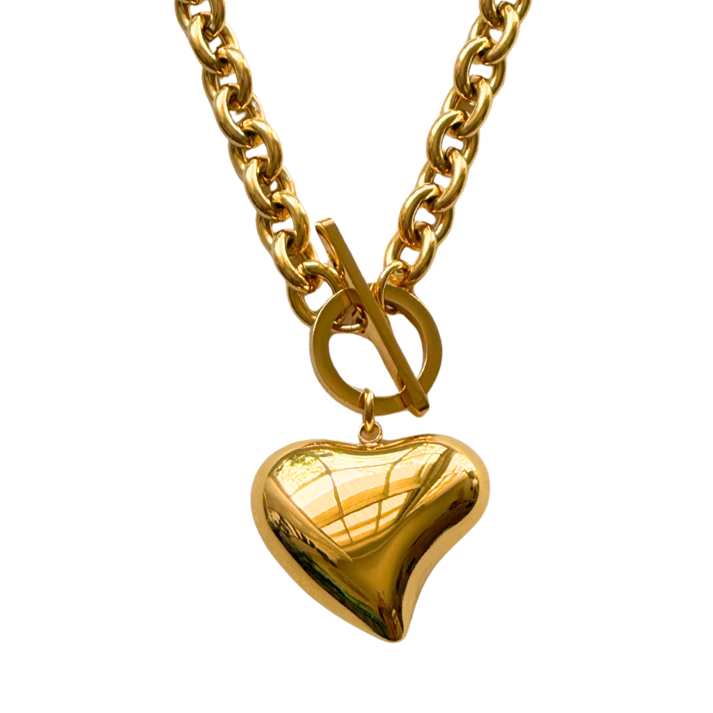 Gold Toggle Clasp Chain with Large Puff Heart Necklace