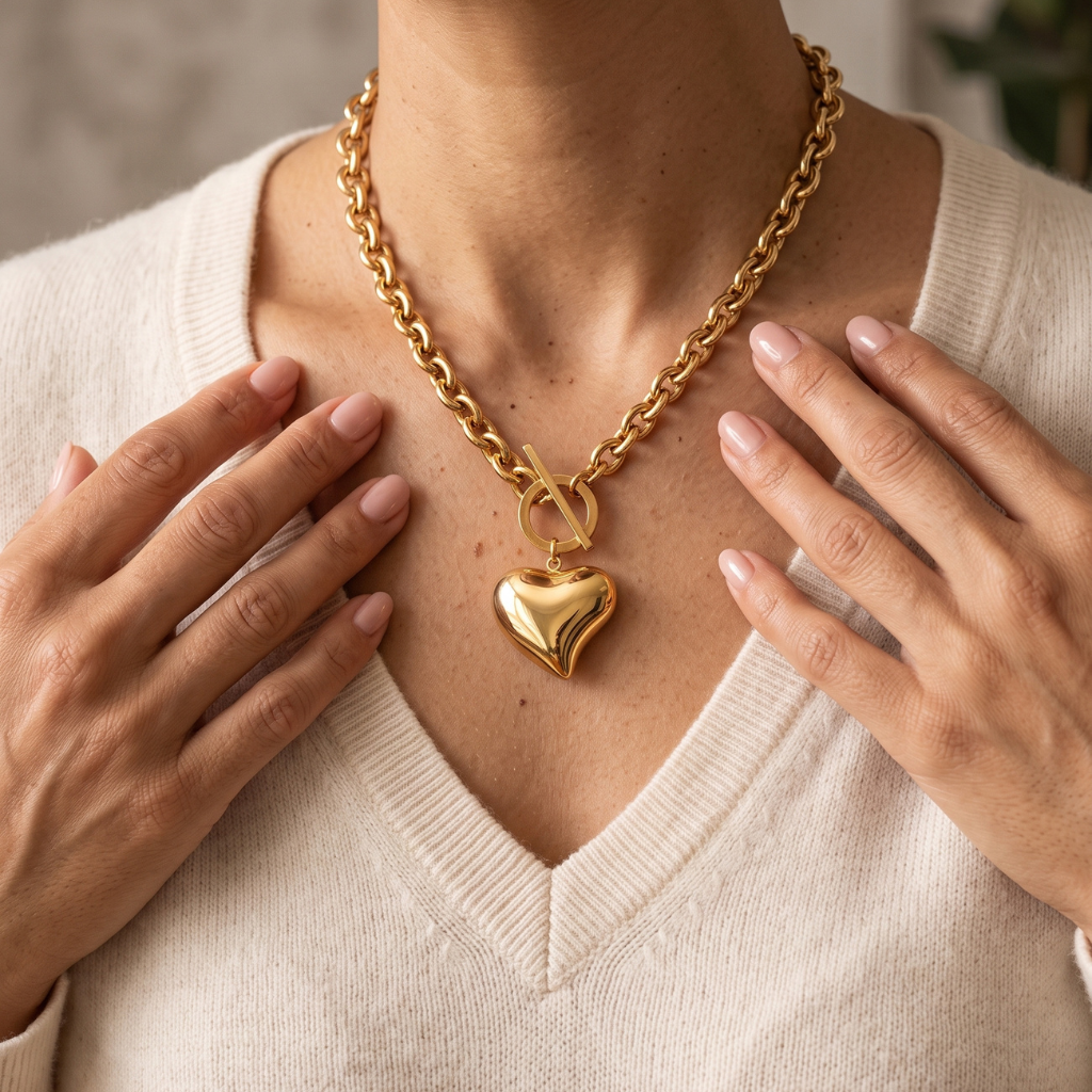 A close-up of a person wearing a chunky gold chain necklace with a polished gold heart pendant, styled with a cream-colored knit sweater.