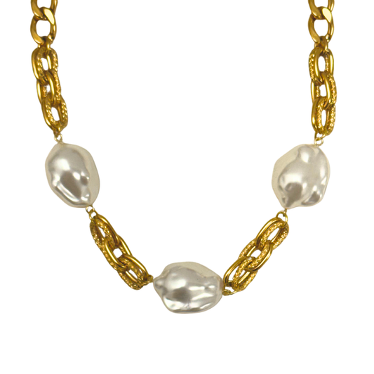 Large 3-Pearl Gold Statement Necklace
