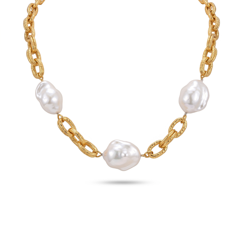Large 3-Pearl Gold Statement Necklace
