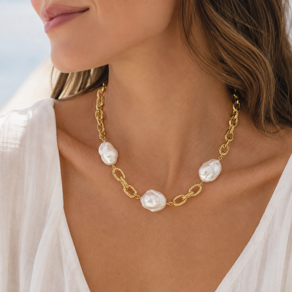 woman in white blouse wearing thick gold chain link necklace with three large pearls 