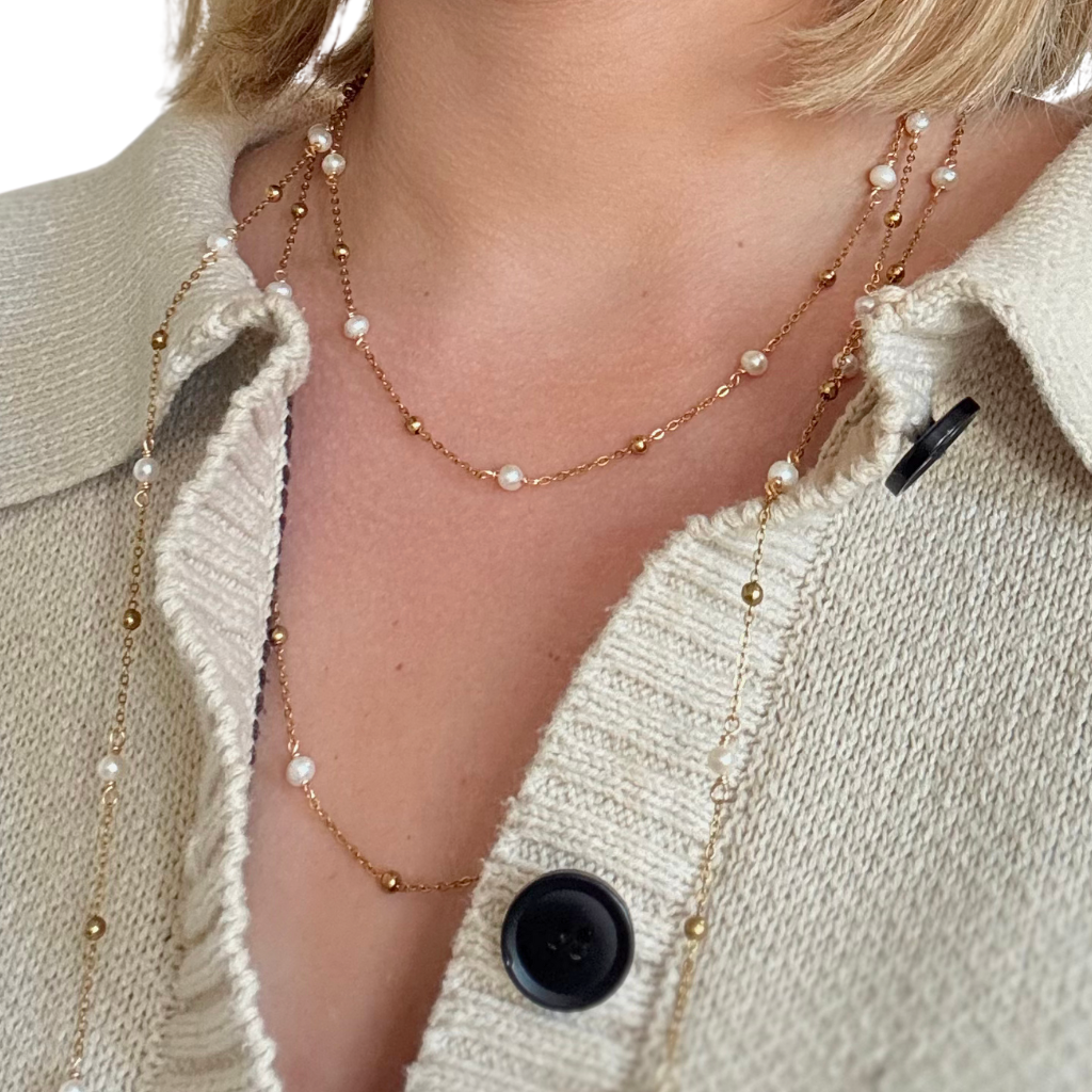 Gold Bead & Freshwater Pearl Chain Necklace- 16"