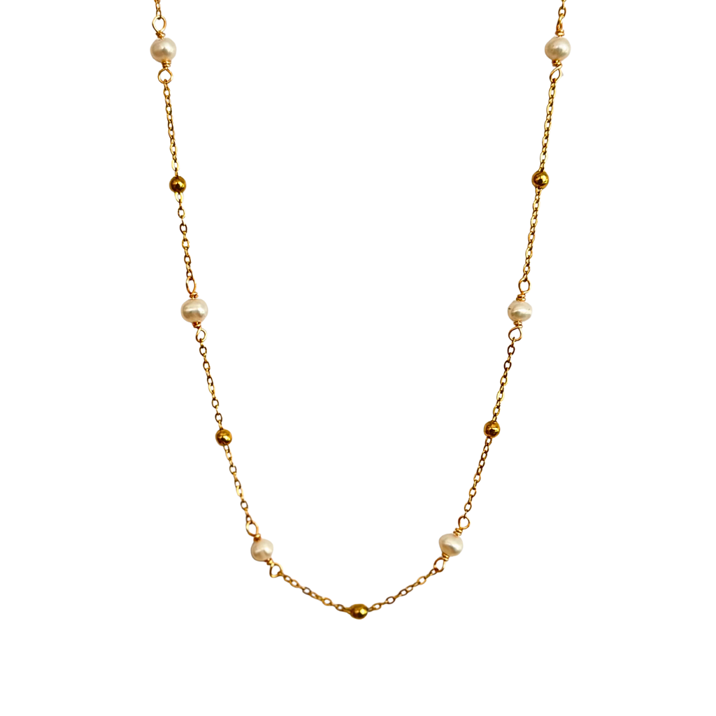 Gold Bead & Freshwater Pearl Chain Necklace- 36"