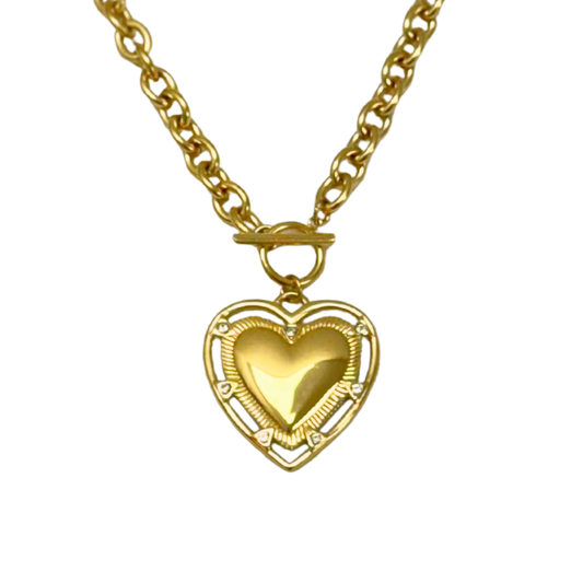 Gold Toggle Clasp Chain wit Large Cubic Zirconia Gold Heart Charm