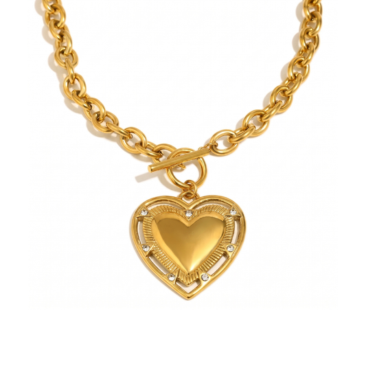 Gold Toggle Clasp Chain with Large Cubic Zirconia Gold Heart Charm