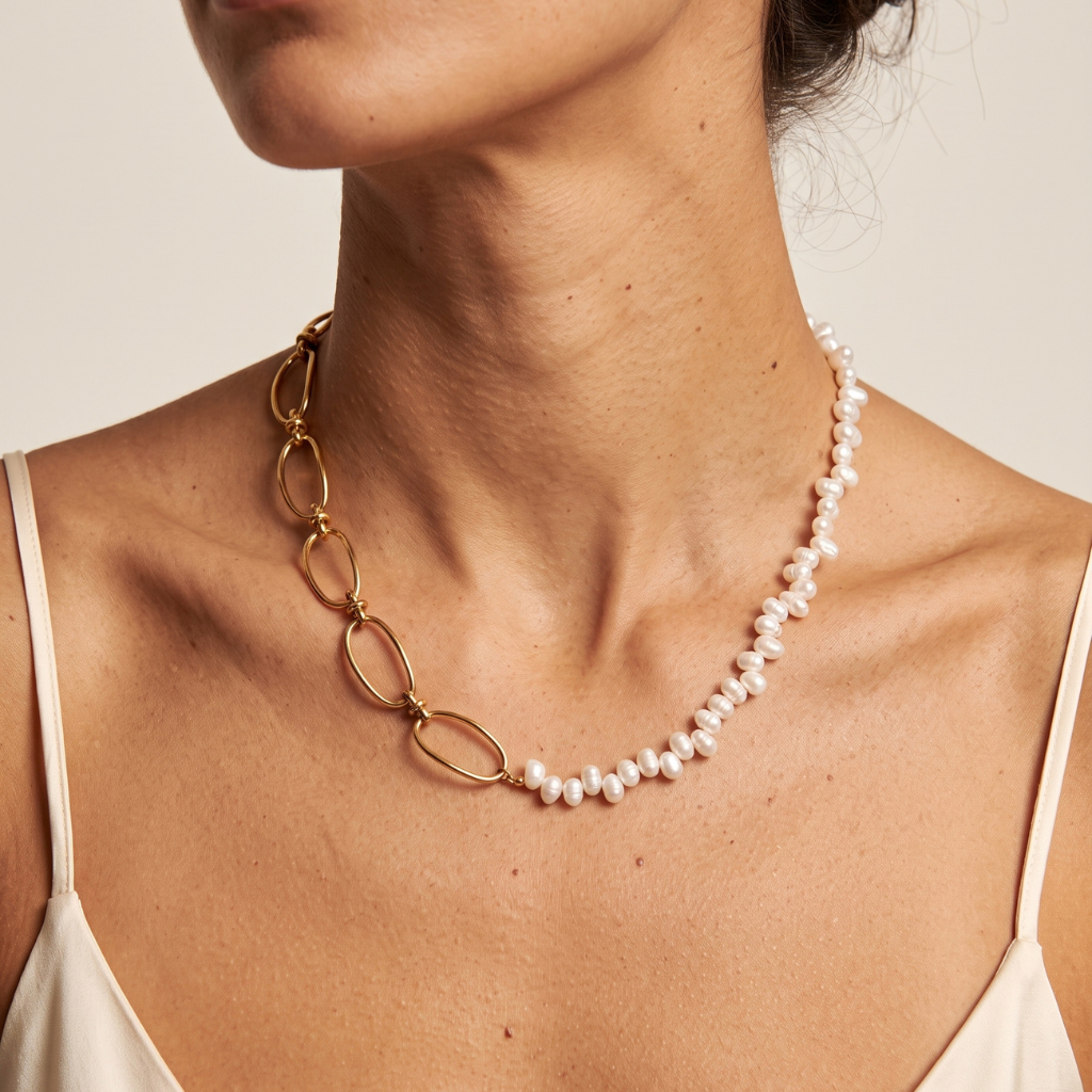A close-up of a model wearing a gold chain necklace with elongated oval links and a strand of small white baroque pearls, paired with a cream camisole top against a warm beige background.