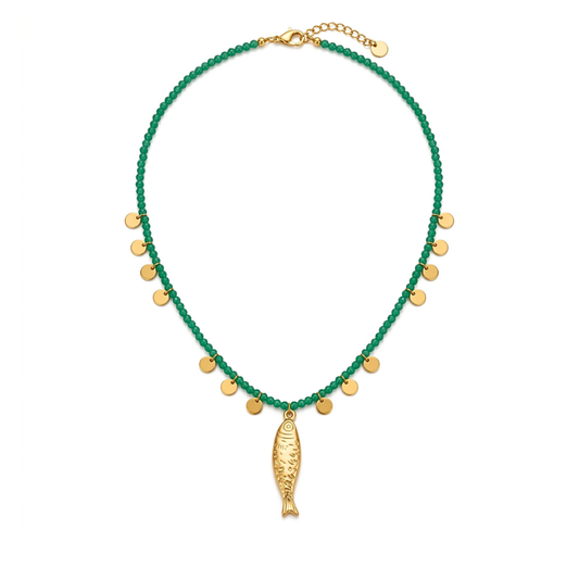 Green Beaded Necklace with Gold Fish Charm