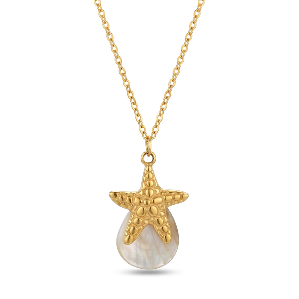 Gold necklace with a starfish pendant on a white background