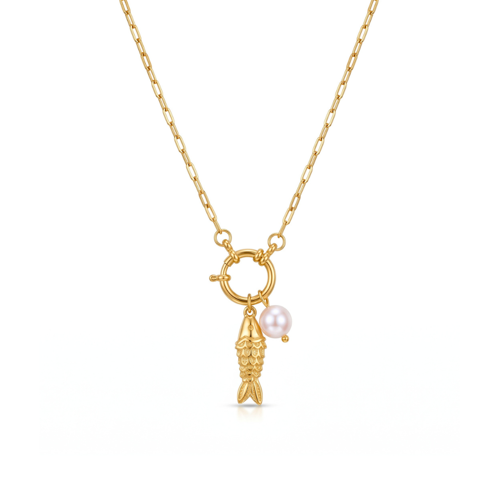 Gold Fish & Pearl Charm Necklace