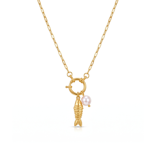 Gold Fish & Pearl Charm Necklace