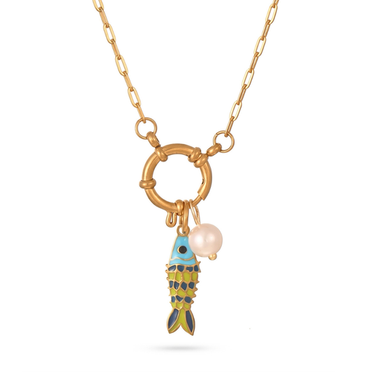 N309 Blue & Yellow Fish with Pearl Charm Necklace