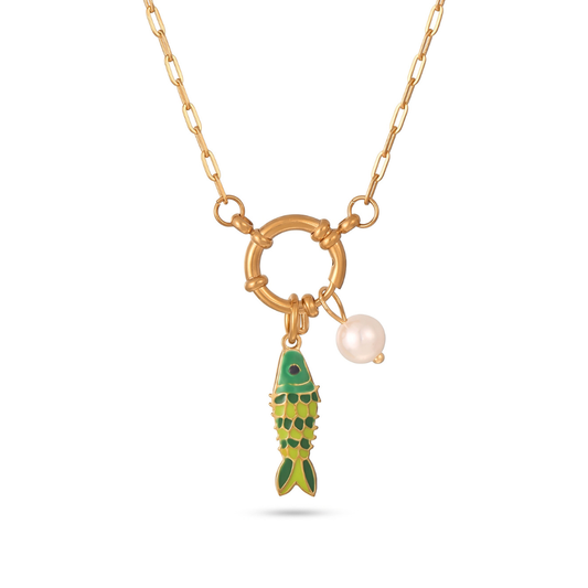 N308 Green & Gold Fish Pearl Charm Necklace