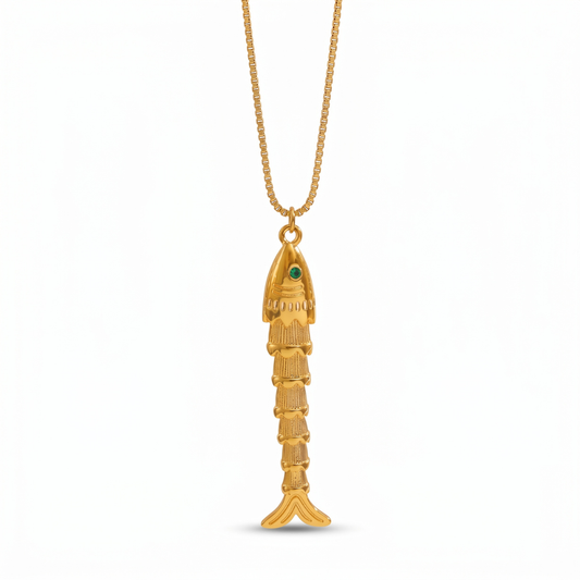 Gold Box Chain with Gold Fish Charm Necklace