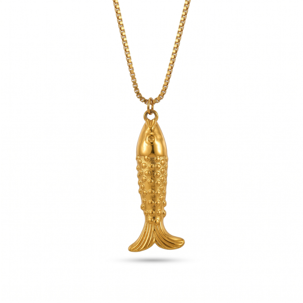 Gold Box Chain with Gold Fish Pendant Necklace