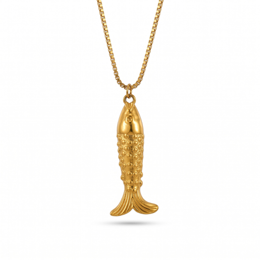 Gold Box Chain with Gold Fish Pendant Necklace