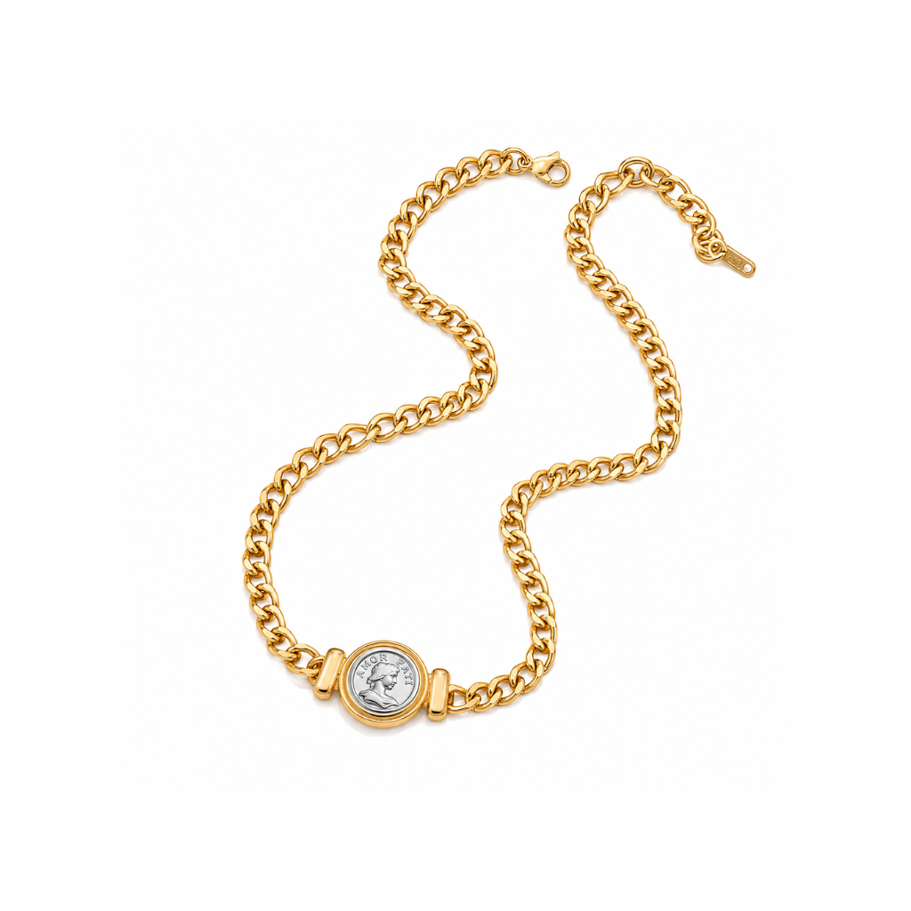 Gold Curb Chain with Two-Tone Coin Pendant