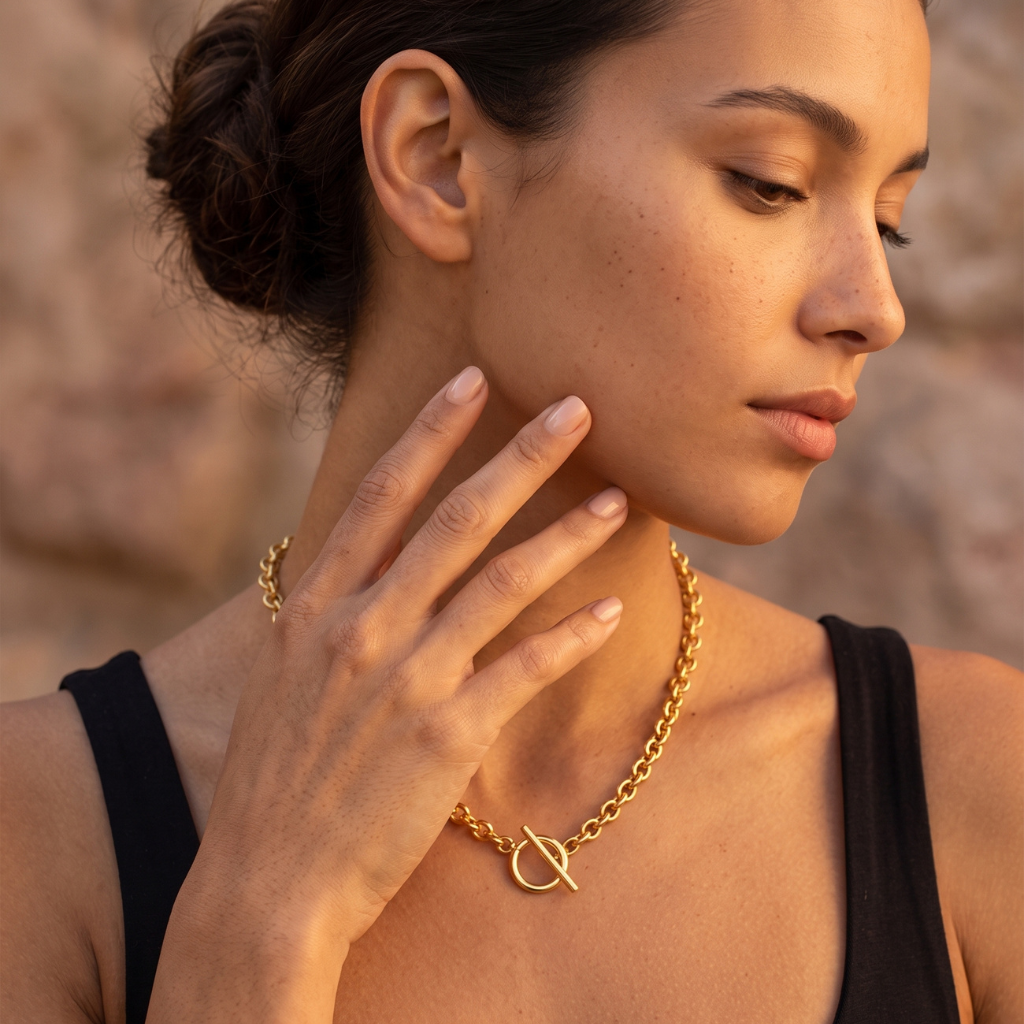 A close-up lifestyle shot of a woman wearing a delicate gold chain necklace with a toggle clasp, set against a warm, blurred natural background.