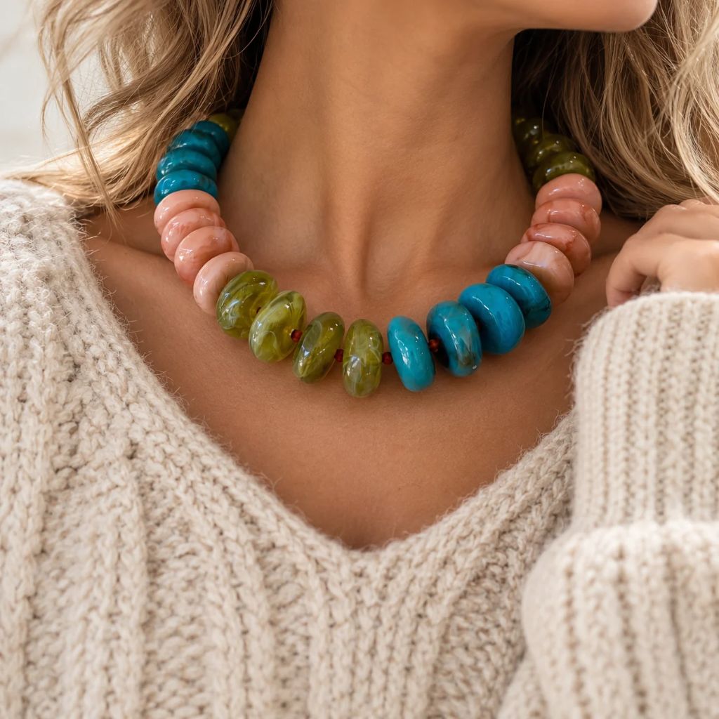 A close-up of a person wearing a chunky beaded necklace with turquoise blue, peach-pink, and olive green beads, paired with a cream-colored cable-knit sweater.