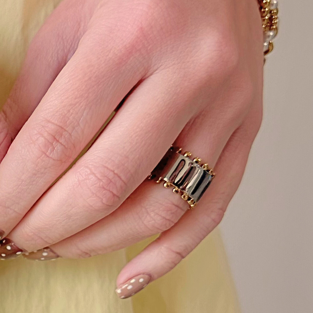 Wide Silver Band w/ Gold Ball Trim Ring