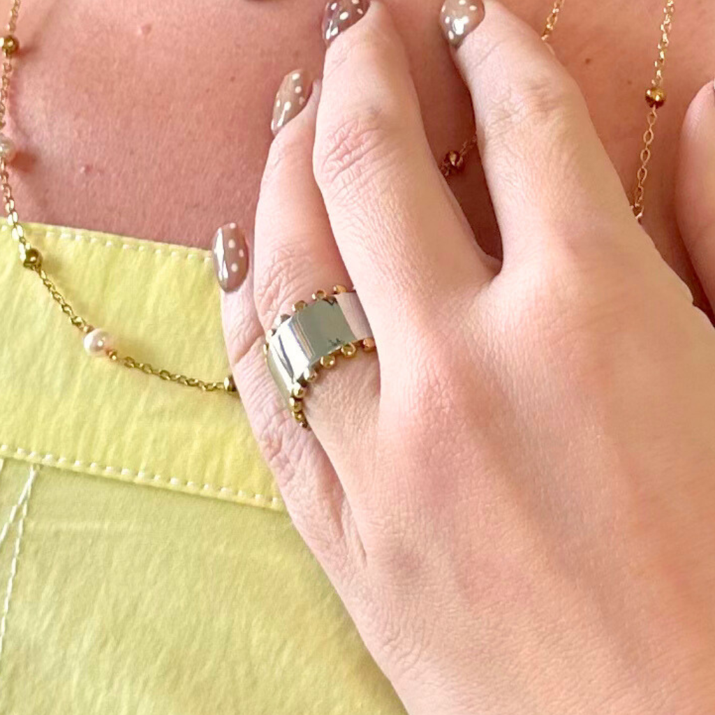 Wide Silver Band w/ Gold Ball Trim Ring