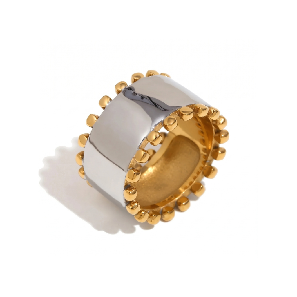 Wide Silver Band w/ Gold Ball Trim Ring