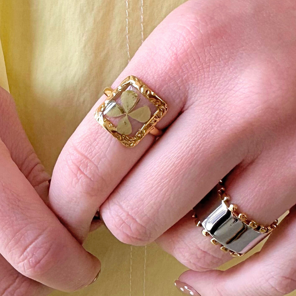 Gold 4-Leaf Clover Square Adjustable Ring