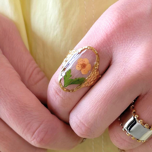 Gold Floral Oval Shaped Adjustable Ring