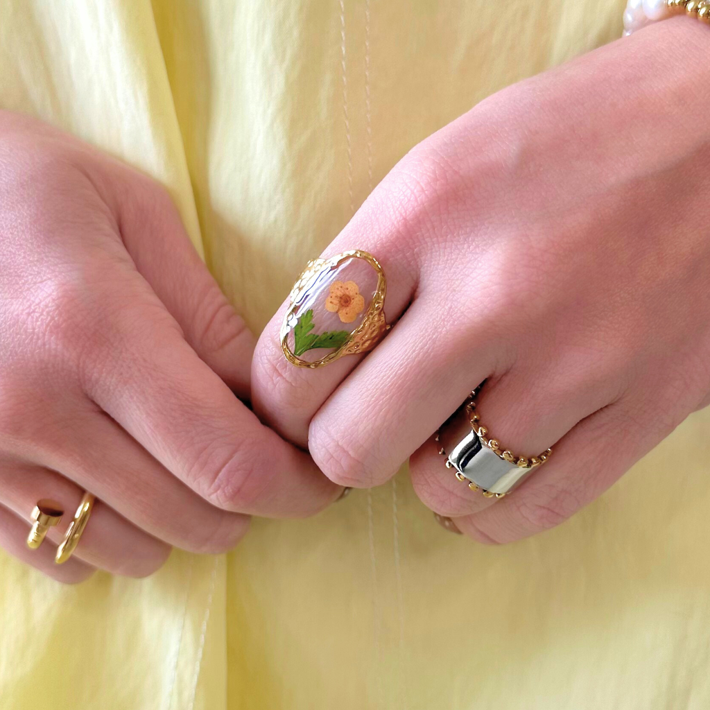 Gold Floral Oval Shaped Adjustable Ring