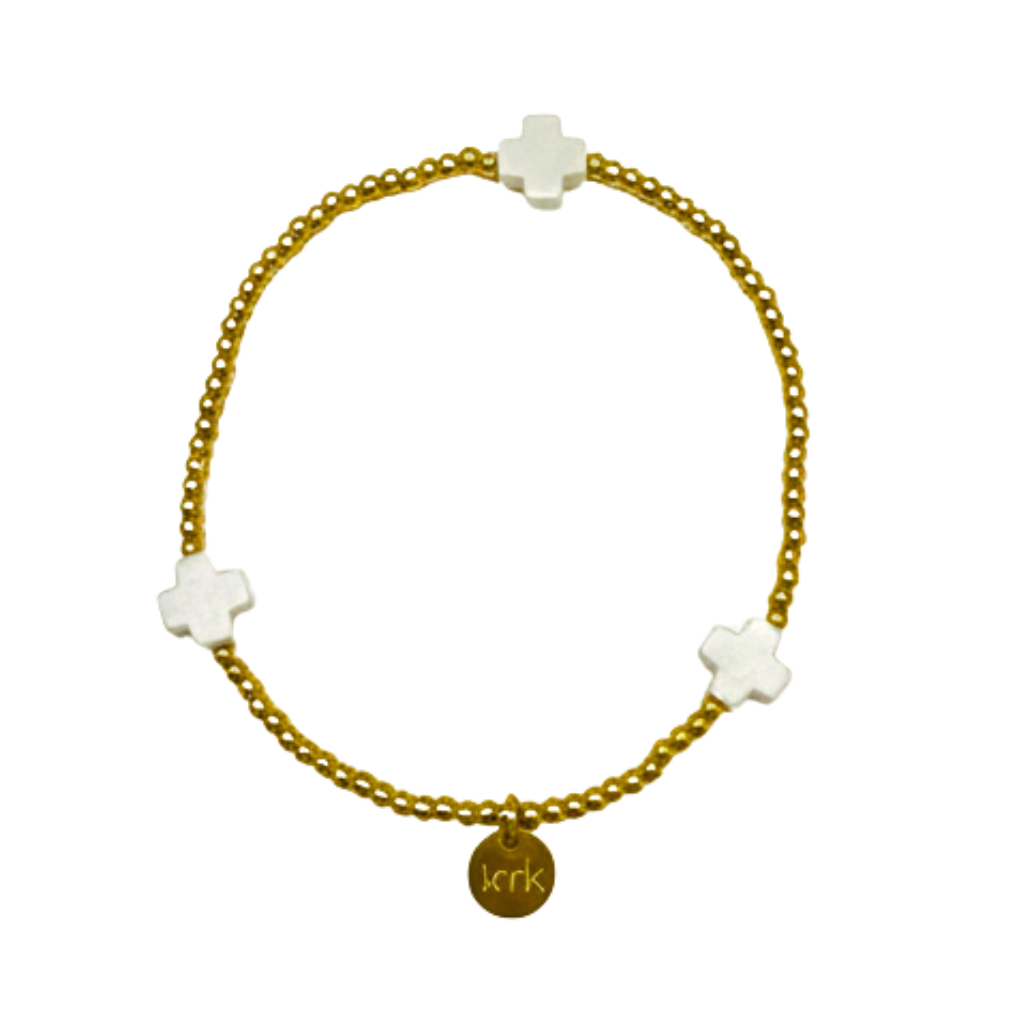 2.5mm Gold Bead & White Cross Stretch Bracelet