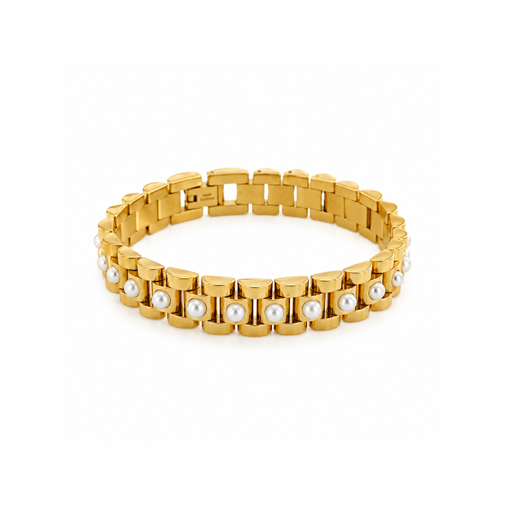 10MM Gold Watchband Bracelet with Pearls