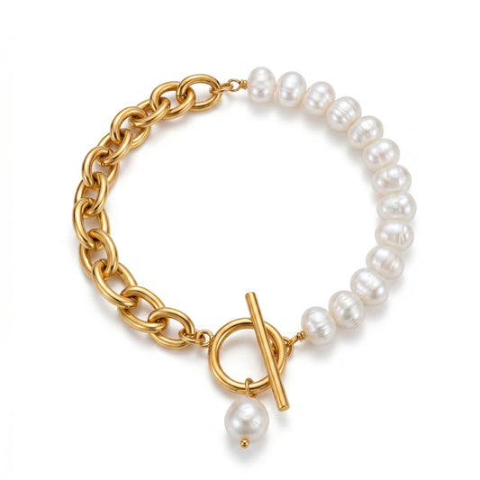 Half Pearl Half Gold Chain Toggle Clasp Bracelet