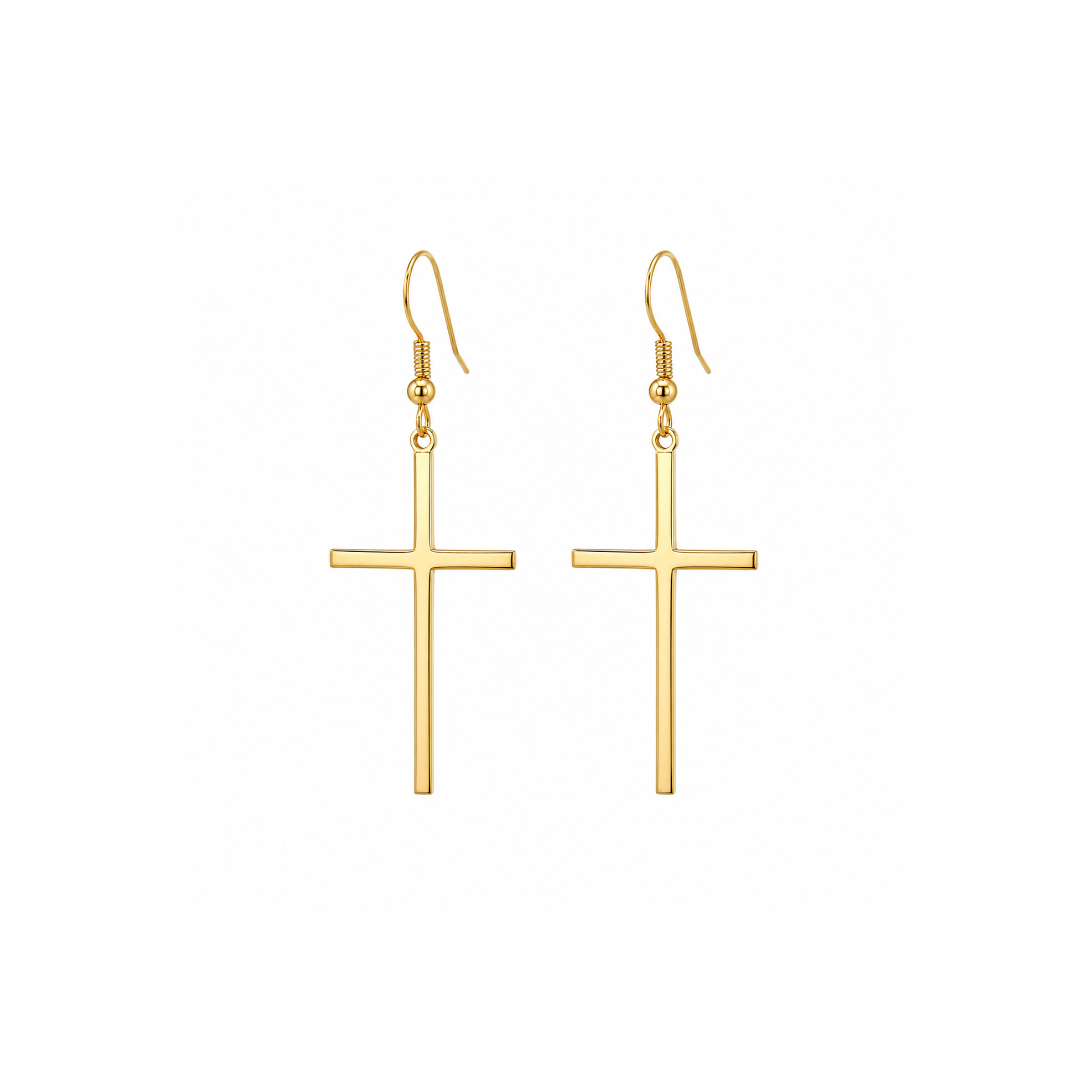 Gold cross earrings on a white background