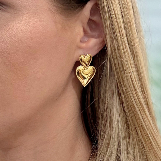 Gold Double Heart Drop Earring