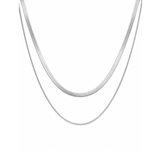 Two silver-toned snake chain necklaces of different chain lengths, displayed against a plain white background.
