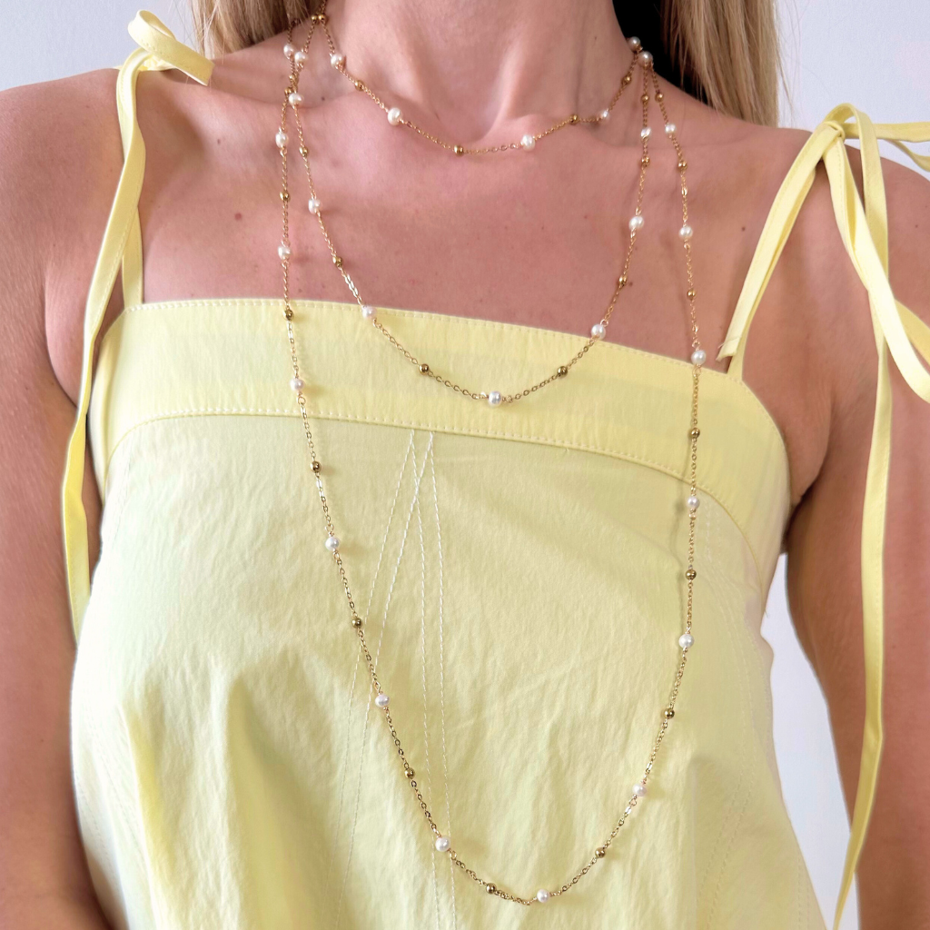 Gold Bead & Freshwater Pearl Chain Necklace- 24"